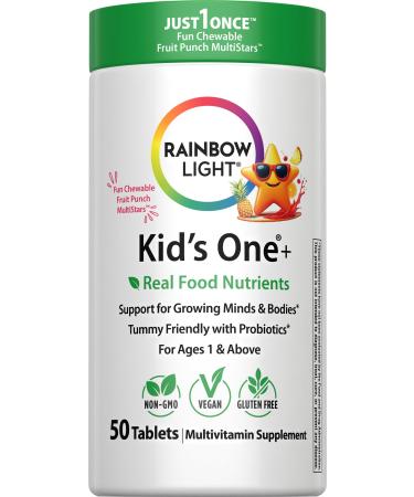 Rainbow Light Kids One + Multivitamin | 50 Chewable Tablets | with Iron & Tummy Friendly Probiotics | Fruit Punch Flavor | Real Food Nutrients