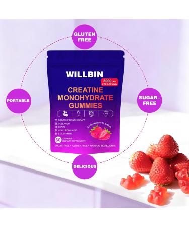 Willbin Creatine Monohydrate Gummies Strawberry Flavor | 5000mg Creatine Monohydrate per Serving | Vegan-Friendly Pre-Workout Energy Support for Women & Men - Buy Online on GoSupps.com