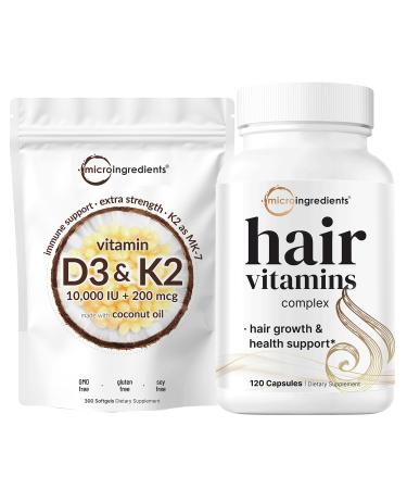 Micro Ingredients Vitamin D3 10 000iu + K2 200mcg Coconut Oil Softgels & Hair Vitamins Complex Capsules Bundle 2 Pack | Essential Sunshine Vitamins | 14-in-1 Advanced Hair Growth Support