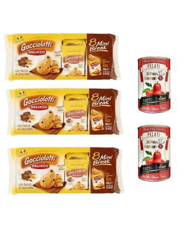 Italian Gourmet E.R. Pack of 3 Balocco Gocciolotti biscuits with chocolate chips (8 mini wrappers 30g) + 100% Italian gourmet biscuits + 2 x 400g cans of crushed Italian tomatoes
