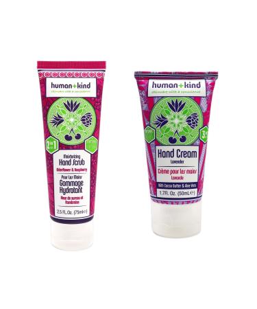 Human+Kind Hand Set - Naturally Cleansing Hand Scrub And Repairing Hand Cream - Calming And Soothing Fragrances Of Elderflower Raspberry And Lavender - Completely Vegan And Cruelty-Free - 2 Pc