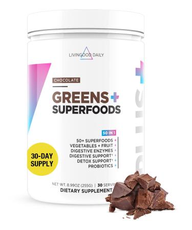 Livingood Daily Greens & Superfood Powder Super Greens for Gut Health Green Juice Powder with Spirulina Chlorella and Digestive Enzymes Probiotics for Digestive Support Chocolate 30 Servings