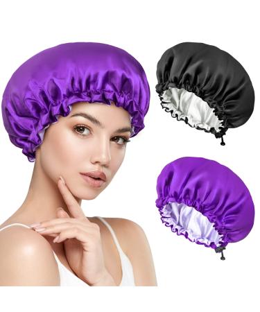 2 pieces satin bonnet sleeping hood silk double layer sleeper hood for sleeping silk bonnet sleep cap adjustable satin hair hood for girls lady protect the hair black violet - Buy Online on GoSupps.com