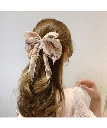 Floral Pleated Hair Bow Barrette with Pearl Pendant - Beige | For Women & Girls | Versatile Accessory for Casual & Special Occasions - Buy Online on GoSupps.com