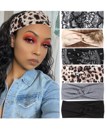 Kachanaa 6 Pack Solid Color Boho Style Non-slip Printed Headband Wigs for Women Soft Elastic Breathable Hair Bands Turban for Teen Girls Accessories(C1) C01 Headbands