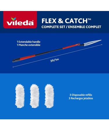 Vileda Flex & Catch Duster | Heavy Duty Dusting Kit with 3 Disposable Duster Refills | Extendable 3 Ft Handle with Stay-On Duster Hook | Traps 3X More Dust Than Feather Dusters Dusting Kit + 3 Duster Refills - Buy Online on GoSupps.com
