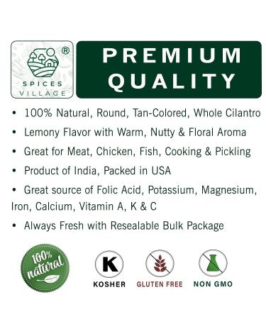 Spices Village Whole Coriander Seeds (8 oz) - All Natural Indian Spice for Cooking, Pickling, BBQ - Kosher, Gluten Free, Non GMO - KETO Friendly - Buy Online on GoSupps.com