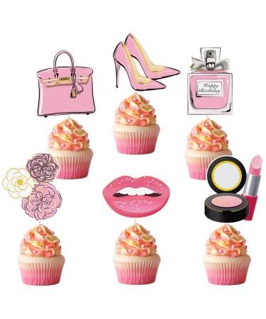 Makeup Cupcake Toppers - Cosmetics Lipstick High Heel Perfume Bottle Cupcake Picks Princess Theme Bridal Shower Wedding Anniversary Birthday Party Cake Decorations Supplies
