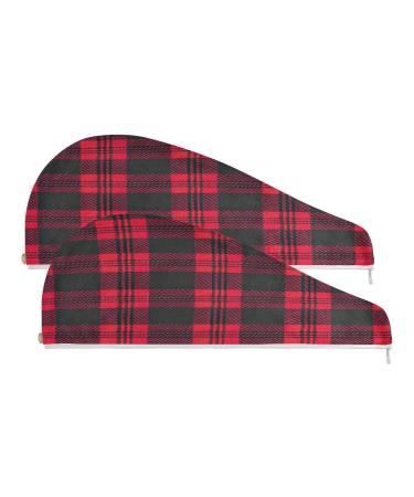 Black and Red Checkered Pattern Dry Hair Cap 2 Piece Quick Drying Towel Set with Button Headband Super Absorbent Soft & Comfortable