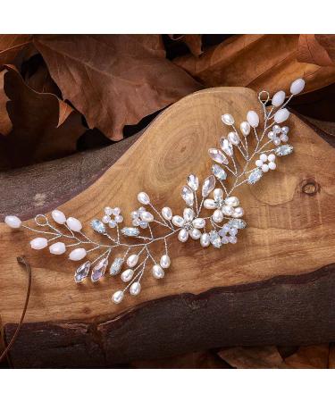 Fashband Wedding Bridal Crystal Hair Vines Silver Flower Pearl Headband Rhinestone Headpiece Bridal Hair Accessories for Women and Girls