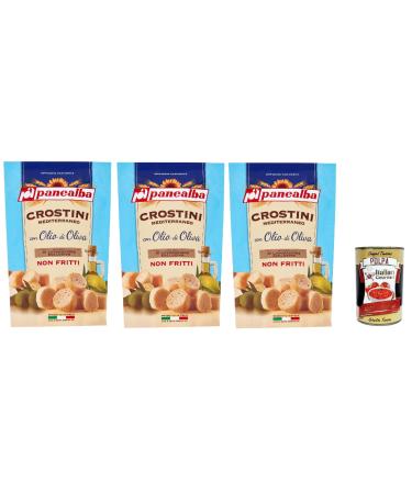 Panealba Crostini Mediterraneo con Olio di Oliva Savory croutons with olive oil, non-fried snack, 3 x 100 g, with gourmet Italian polpa 400 g