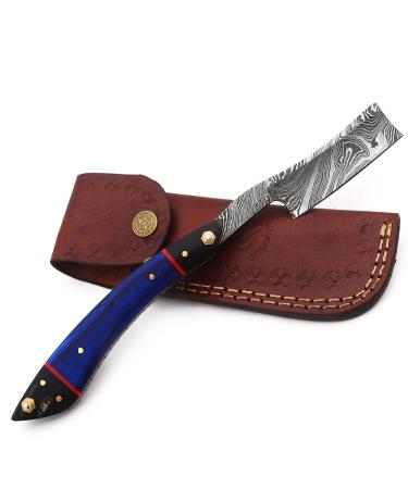 Qureshi Damascus Stainless Steel Barber razor, Straight Razor for Men Includes Fixed Blade, Leather Sharpening Strop and Case with Colored Wood Handle for a Silky Magic Shave