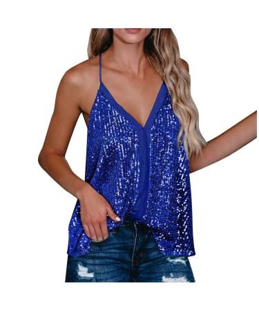 Ronony tank top long women sequins long shoulder-free top tops for parties clubs sleek bodysuit blouse top women belly-free v-neck sexy neckholder vest with sequins nightclub party blue xl xl