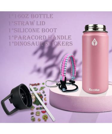 XccMe Kids Stainless Steel Water Bottle 16oz - Insulated Thermos with Straw Lid, Silicone Boot, Personalized Dinosaur Stickers, Paracord Handle - Pink - Ideal for School - Buy Online on GoSupps.com