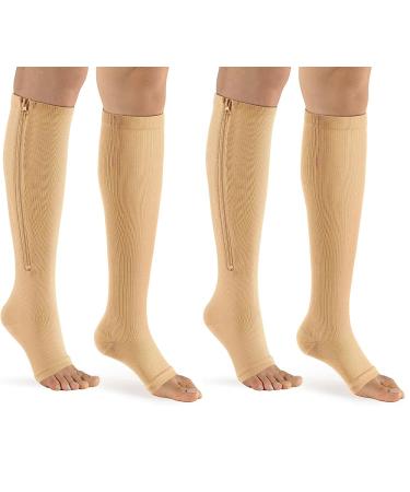 Aspcok (2 pairs) 15-20 mmHg medical compression socks with zipper leg support with zipper unisex open knee beige S-M