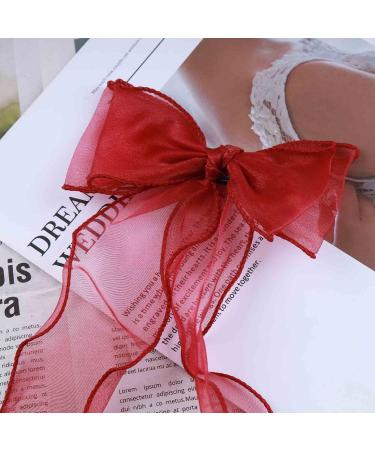 Allereya Vintage Long Silk Bow Hair Clip Barrette Ribbon Mesh Bow Head Clip Headwear Red Chiffon Bowknot Headpieces Silk Bow Hair Accessories for Women and Girls (Red) - Buy Online on GoSupps.com
