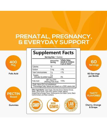 Folic Acid Gummies for Women 400mcg - Essential Prenatal Support for Mom and Baby - Chewable Folate Supplement for Pregnancy - 60 Gummies - Buy Online on GoSupps.com