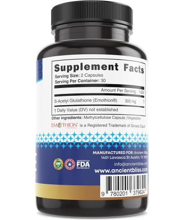 Ancient Bliss S-Acetyl Glutathione Supplement | Cellular Antioxidant & Immune Support | Joint Support for Men & Women (60 Capsules - Buy Online on GoSupps.com