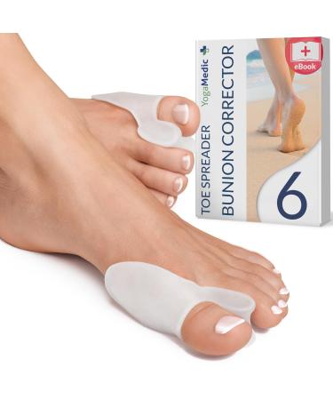 YOGAMEDIC Bunion Corrector Toe Separator for Big Toe to Relax 6Pcs for Hallux Valgus & Bunion Support- 0% BPA Soft Silicone One-Size Pads Protector for Overlapping Toes Unisex