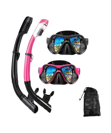 DIPUKI Snorkeling Gear for Adults Snorkel mask Set Scuba Diving mask Dry Snorkel Swimming Glasses Swim Dive mask Nose Cover Youth Free Diving Black+pink(2 pack)