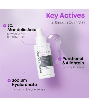 NINELESS Molecule-Clear 5% Mandelic Acid Serum - Korean Skincare Gentle AHA Exfoliating for Sensitive Skin - Panthenol Allantoin Sodium Hyaluronate - Hydrating Soothing Barrier Support 1.01 fl oz 03 Mandelic Acid (Bala  - Buy Online on GoSupps.com