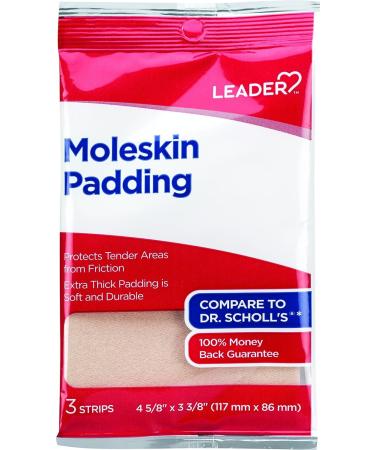 LEADER Moleskin Pads Protects from Shoe Friction Blisters Corns Calluses Extra Thick Padding Cushioning & Pain Relief Trim Moleskin Sheets to Fit Strip Size 4 5/8 x 3 3/8 3 Strips