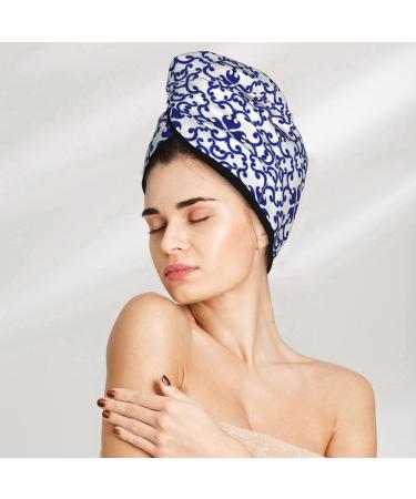 Blue & White Porcelain Microfiber Hair Towel Wrap | Super Absorbent Coral Velvet for Long Curly & Thick Hair - Quick Dry for Women - Buy Online on GoSupps.com