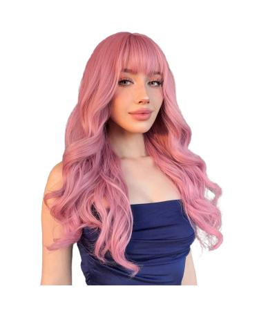 N NAYASA Pink Wigs with Bangs Long Wavy Pink Wigs for Women Synthetic Natural Wavy Wig Heat Resistant Colorful Wigs for Daily Party Cosplay Use 22