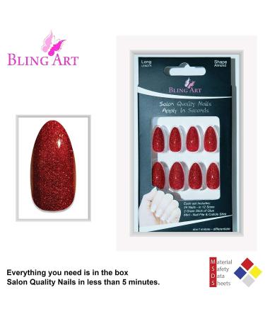Bling Art Almond Red Glitter Stiletto False Nails - 24 Long Tips with Gel Finish - Includes Glue - Buy Online on GoSupps.com