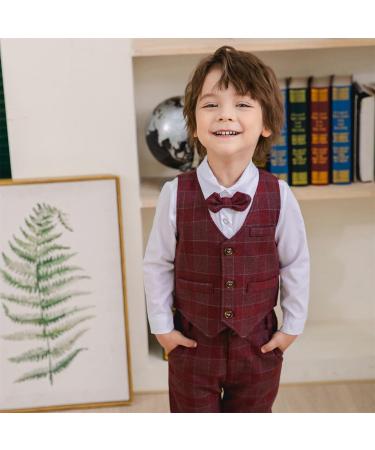 Volunboy Baby Boys Gentleman Suit 4 PCS Set | Toddler Formal Outfit | Wedding Shirts + Vest + Bow Tie | 12-18 Months | Red Plaid - Buy Online on GoSupps.com