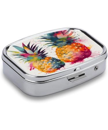 Stylish Tropical Fruit Pill Box - 2 Compartment Pineapple Print Organizer - Portable Decorative Metal Pill Case for Pocket & Purse - Buy Online on GoSupps.com