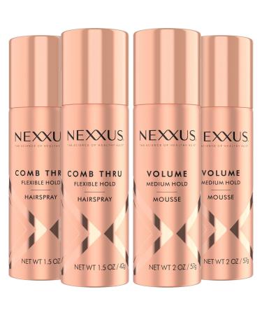 Nexxus Travel Hairspray and Mousse Bundle Comb Thru Flexible Hold Hairspray (1.5 Oz) 2-Pack + Volume Medium Hold Mousse (2 Oz) 2-Pack Anti-Humidity Frizz Control Rose Fragrance