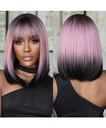 Allbell black pink ombre bob wigs for women short straight wigs with bangs cosplay party natural looking hair replacement ombre black pink