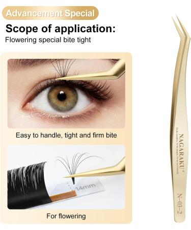 Nagaraku Precision Tweezers for Eyelash Extensions - Gold Long Lace Bent for Volume & Simple Fan - Stainless Steel (N-03-2) - Buy Online on GoSupps.com