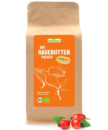 Kern-Plus Organic Rose Hip Powder | dreikraut | With 35% Kernel | From the European Wild Collection | 100% Natural Rosehip Powder (1000g)
