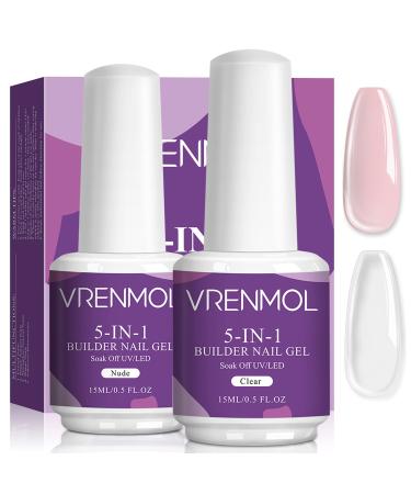 Vrenmol 5 in 1 Builder Base Nail Gel in a Bottle - 15ml Clear & Nude Brush On Builder Nail Gel Set Nail Extension Gel for Professional Nail Strengthener Nails Repair Nails Extension Nail Art Decoration 5 in 1 Builder Nail …