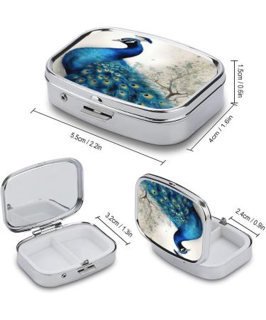Blue Peacock Print Pill Box - 2 Compartment Decorative Metal Pill Organizer for Travel - Portable Medicine Case - Buy Online on GoSupps.com