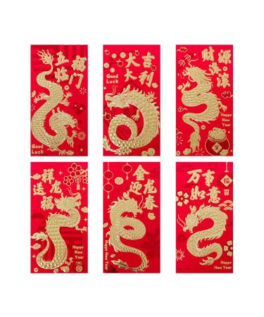 Puco 6 Pieces Chinese New Year Red Envelopes Dragon Year Hongbao Spring Festival Money Bags Spring Festival Red Envelopes Red Envelope 17x9cm D