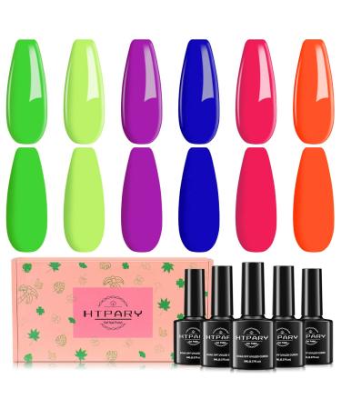 HTPARY Gel Nail Polish Set  6 PCS Long Lasting Gel Polish Kit Bright Orange Neon Green Pink Blue Purple Colors Nails Art Manicure Salon DIY at Home Gifts for Women Girls Bright Neon 6 Set