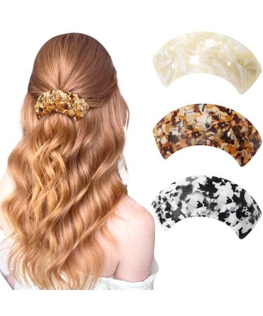 3Pcs Large Barrettes for Women Non-Slip Strong Hold Hair Clips Snap Automatic Hair Barrettes Retro French Hair Clips Acrylic Hair Barrettes For Thick Median and Thin Hair Curve(Black/Brown/Cream)