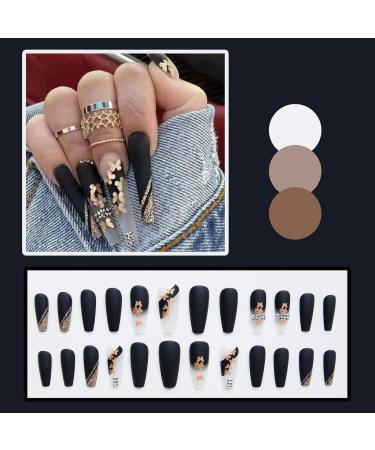 Justotry 24PC Coffin Black Nails - Long Gold Glitter French Press-On Artificial Nails for Women | Stylish Ballerina Fingernails with Butterfly Design - Buy Online on GoSupps.com