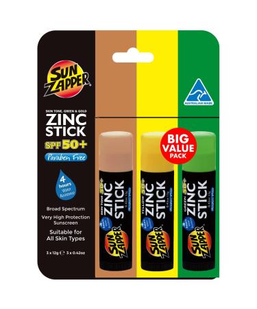Sun Zapper Zinc Oxide Sunscreen - Skin Tone  Green & Gold - SPF 50+ Very High Sun Protection Waterproof Sunblock for Face & Body  Adults  Kids  Baby - Travel Stick