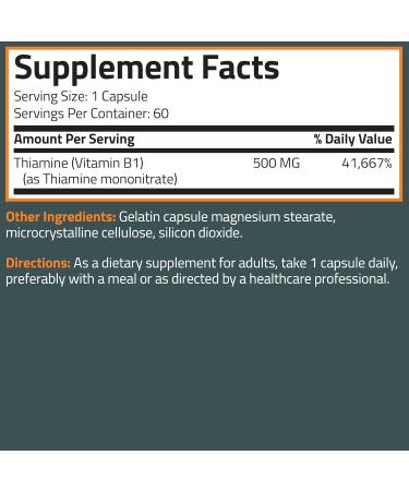 Bronson Vitamin B1 Extra Strength 500 MG High Potency Non-GMO, 60 Capsules Unflavored 60 Count (Pack of 1) - Buy Online on GoSupps.com