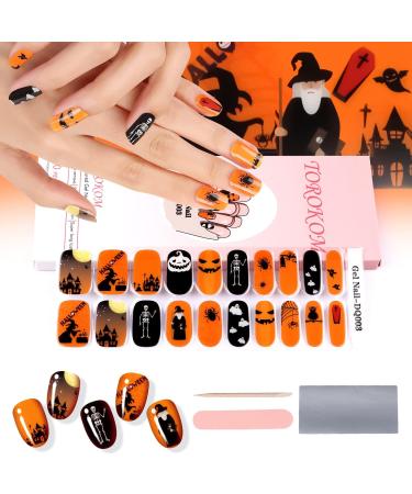 TOROKOM Halloween Cured Gel Nail Strips 20 Pcs Adhesive Gel Nail Polish Stickers/Wrap Pumpkins Ghosts Spiders Witch Nail Gel Polish Strips Full Wrap with Nail File and Stick for Girls