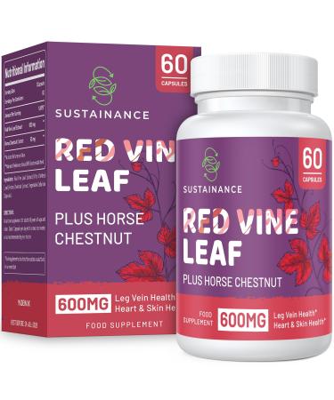 SUSTAINANCE Red Vine Leaf Extract 600mg & Horse Chestnut Extract 50mg Capsules Supplement for Leg Vein | Heart | Skin - 60 Vegetable Capsules 60 count (Pack of 1)