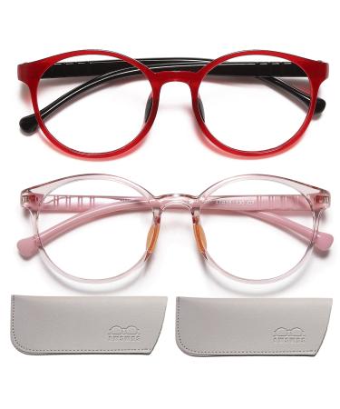 2 Pack Blue Light Glasses Kids Girls , Suitable for 4-14 years old Students Anti-Fatigue Computer Game Glasses.Anti Eyestrain Filter UV Glare & Reduce Headache. (Red&Pink)