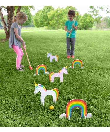 HearthSong Wooden Unicorn and Rainbow Croquet Set with Six Wickets, Two Mallets, and Two Balls, for Ages 3 and Up