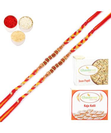 Ghasitaram Gifts Rakhi for Brother Rakhis Online - Set of 2 -LD-5215 Rudraksh Rakhi with 200 GMS of Kaju katli and 200 GMS of Soan Papdi