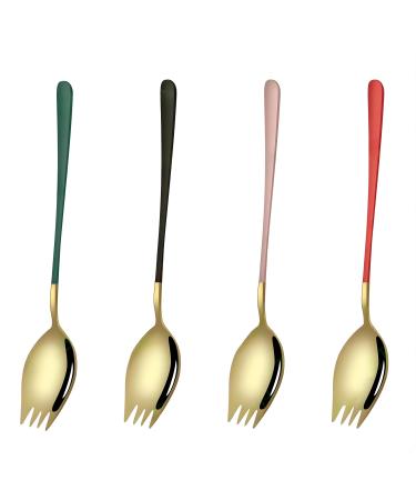 4 Pcs Gold Stainless Steel Sporks,4 Colors Long Handle Salad Forks,8.5 Inch Large Fruit Forks,For Ice Cream Spoons Fork Reusable Fruit Appetizer Dessert Forks for Household Use