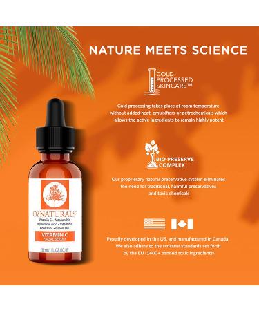 OZNaturals Vitamin C Serum with Hyaluronic Acid, Vitamin E, and Rosehip Oil - Anti Aging Facial Serum for Brighter, Even Skin Tone - Buy Online on GoSupps.com